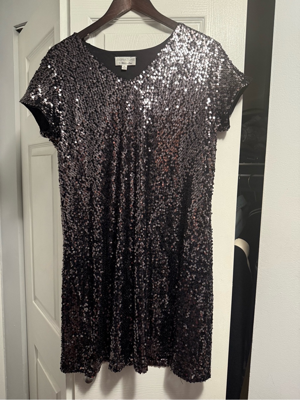 Signature Black Sequin Mini Dress with V-Neck
